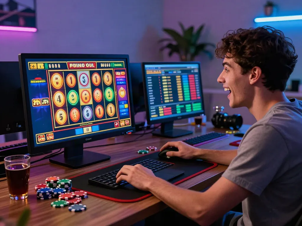 A lively gambling scene featuring a player enjoying the akunjp online slot game with vibrant graphics and excitement.