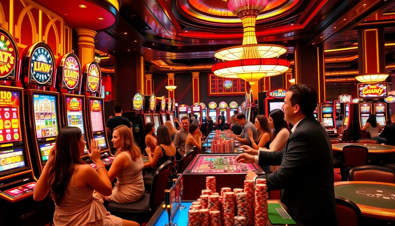 Excited players enjoying vibrant slot gacor machines in a luxurious casino scene.