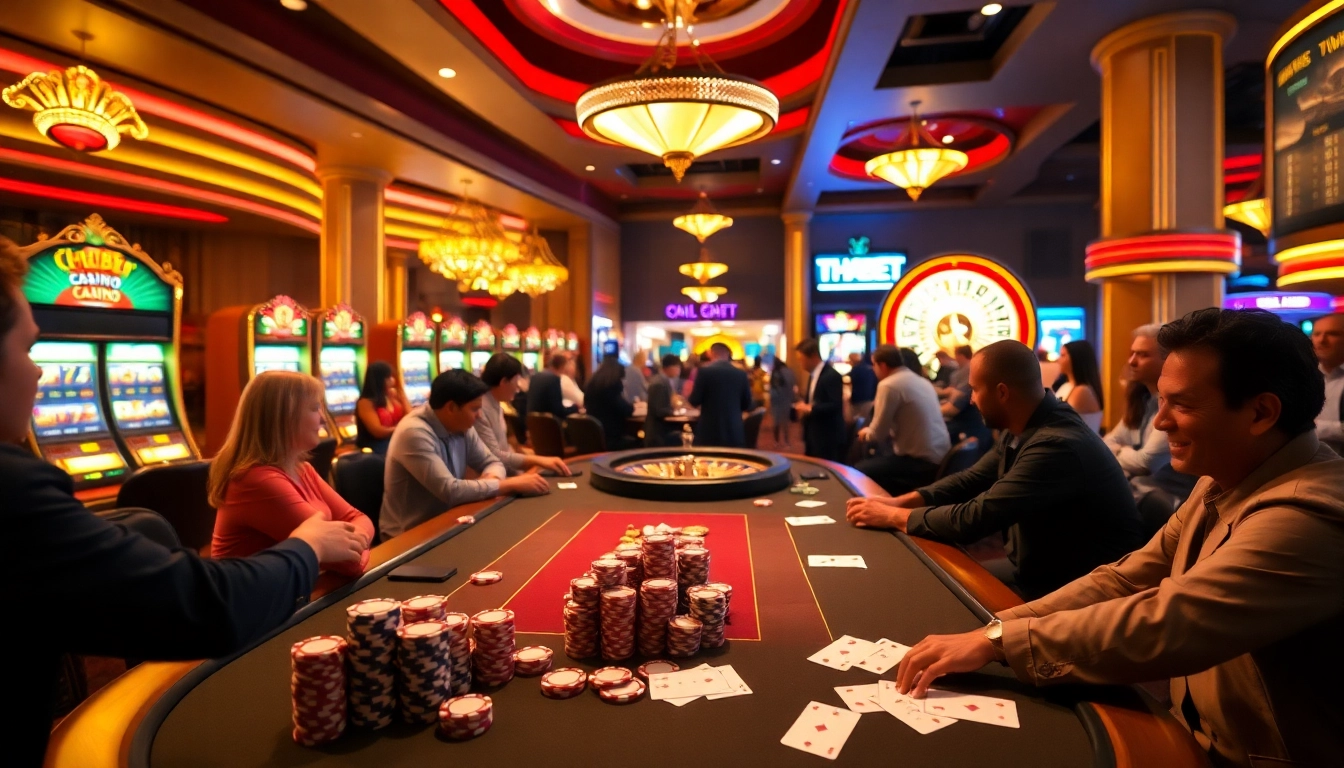 Experience the excitement of Thabet Casino with players at a vibrant poker table, chips stacked high.