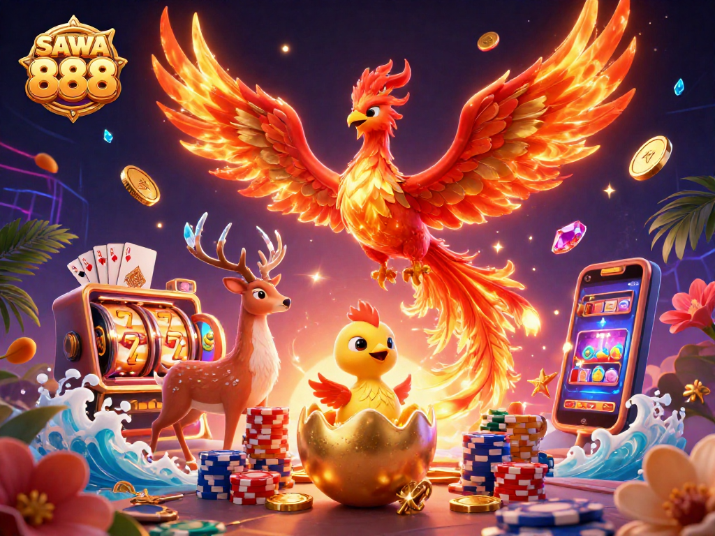 Win big at SAWA 888 with a vibrant scene featuring a phoenix and casino elements.