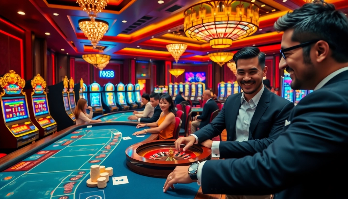 NK88 casino scene with players excitedly betting at tables and colorful slot machines.
