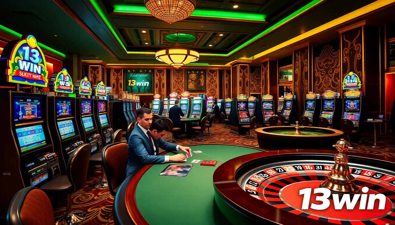 Excited gamblers enjoying high-stakes games at 13win casino with vibrant atmosphere.