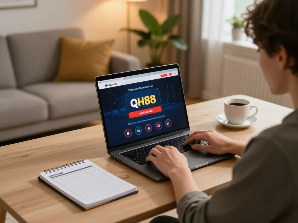 Engaged player using qh88eu laptop for live casino games in cozy home setting.