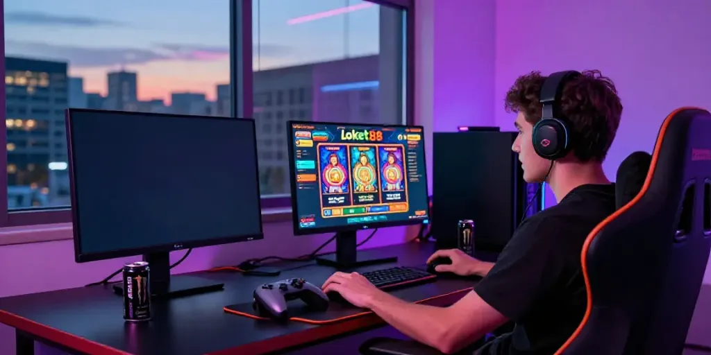 Player enjoying the energetic experience of loket88 slot on dual monitors in a vibrant gaming environment.