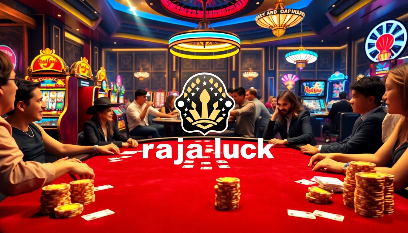 Experience raja luck at a luxurious casino with vibrant gaming tables, slot machines, and excited players.