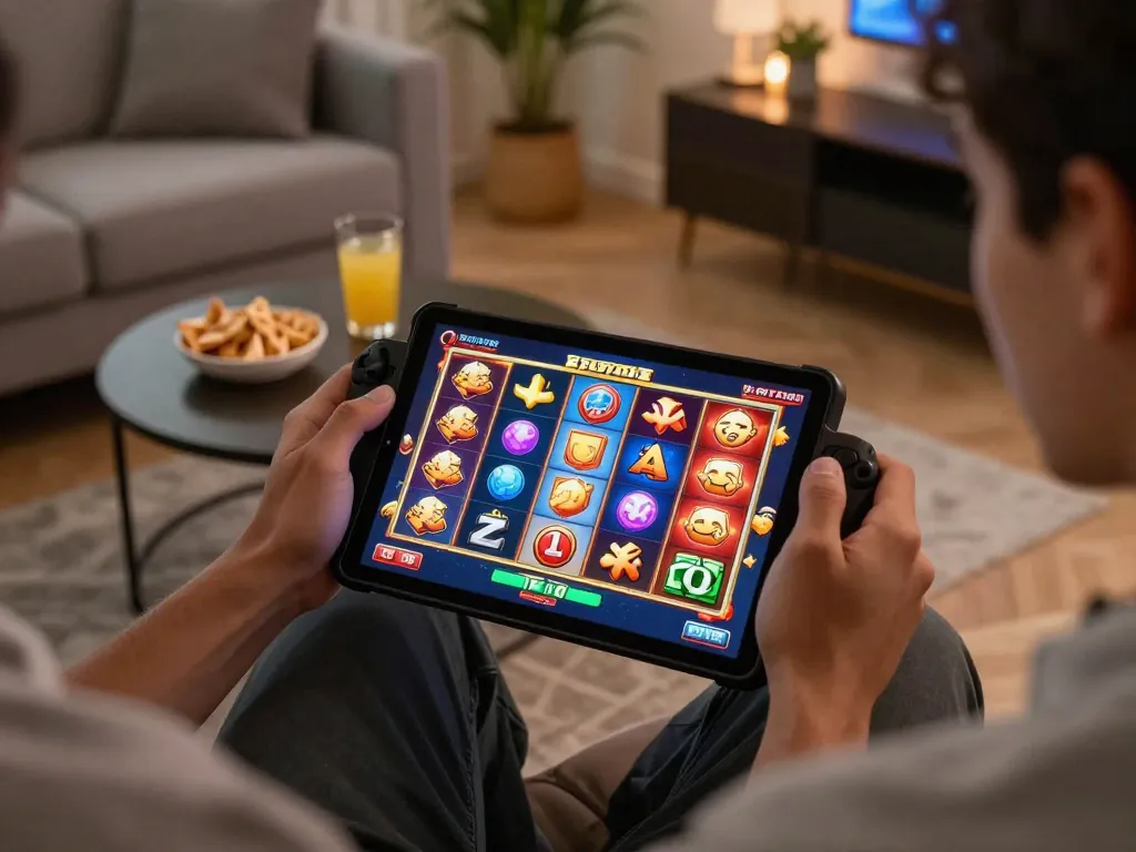 Permainan menarik pada permainan slot aman788 ditampilkan di tablet dalam suasana rumah yang nyaman.