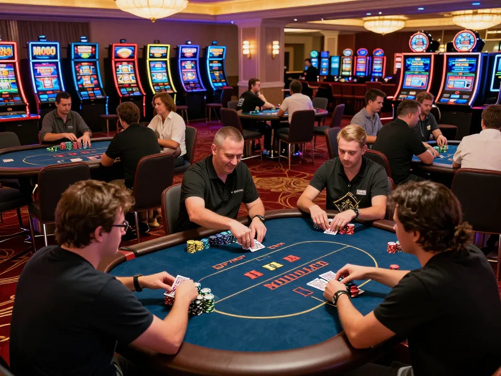Players engaging in a poker game at MMOO casino, showcasing vibrant lighting and competitive atmosphere