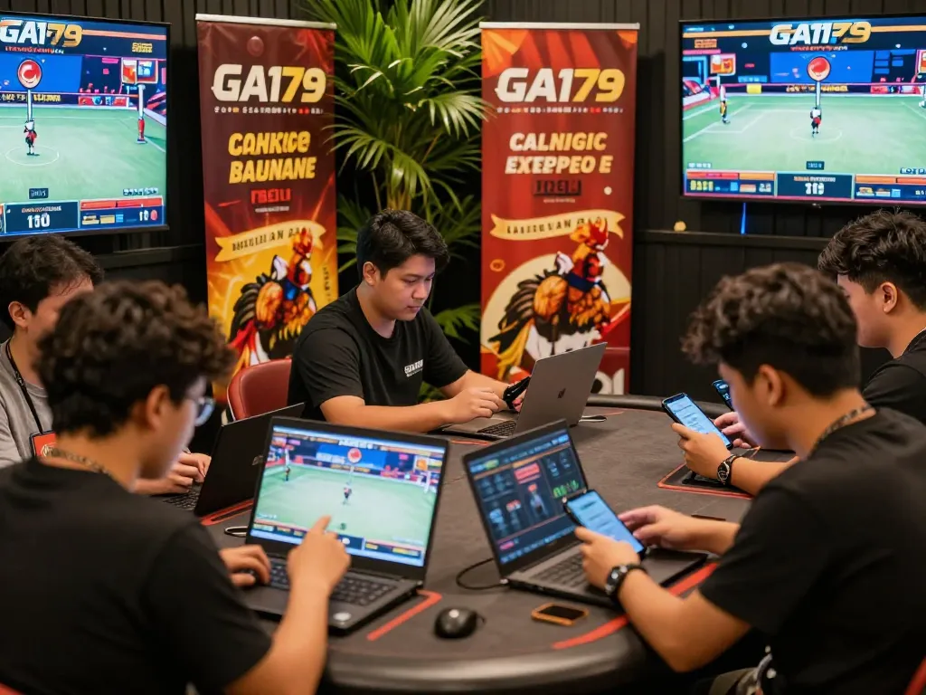 Exciting online betting scene at https://ga179i.com/ showcasing players engaged in live cockfighting, vibrant atmosphere, and promotional offers.