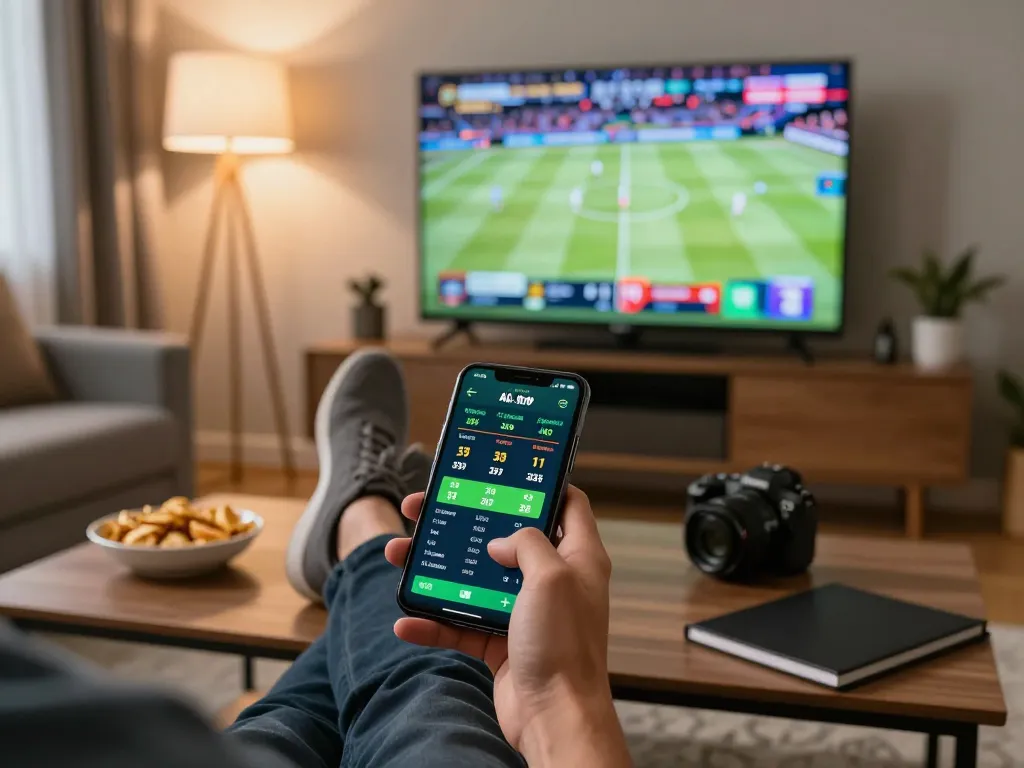 View of a user excitedly placing bets using nhà cái 8xbet mobile app in a cozy living room.