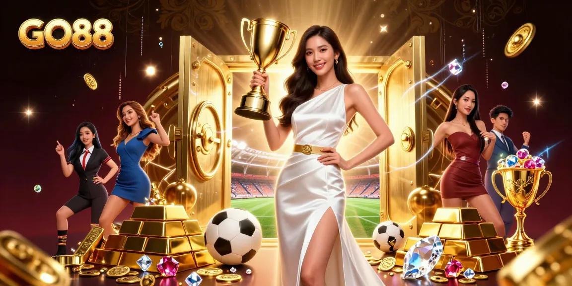Highlight GO88's dynamic gaming environment featuring a victorious woman amidst lavish casino elements.