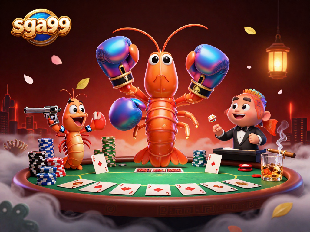 Engage in thrilling poker battles with sga99's dynamic casino scene featuring vibrant characters.