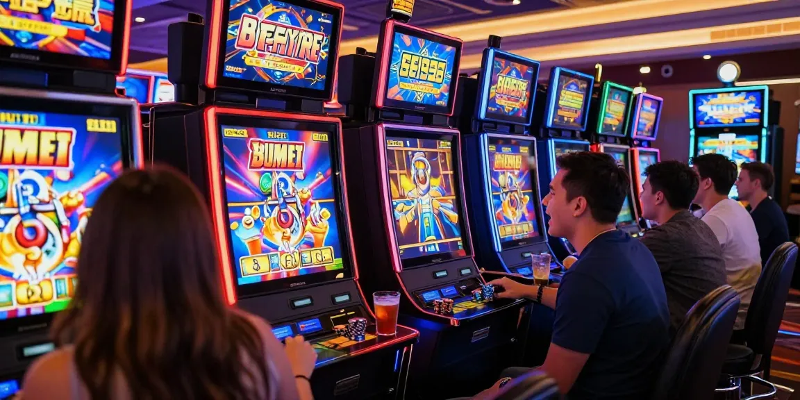 Exciting casino scene with players at vibrant slot machines in a lively gaming environment.