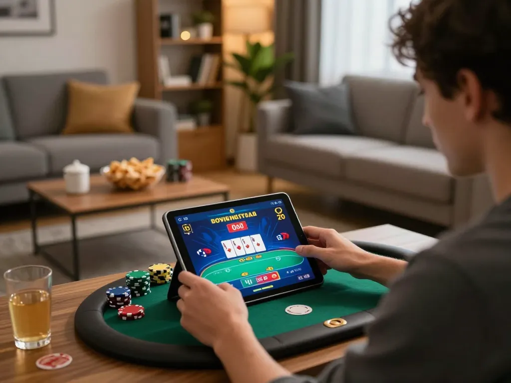 Engaging online gaming setup with 123B chính thức displayed on the tablet, highlighting strategic poker gameplay.