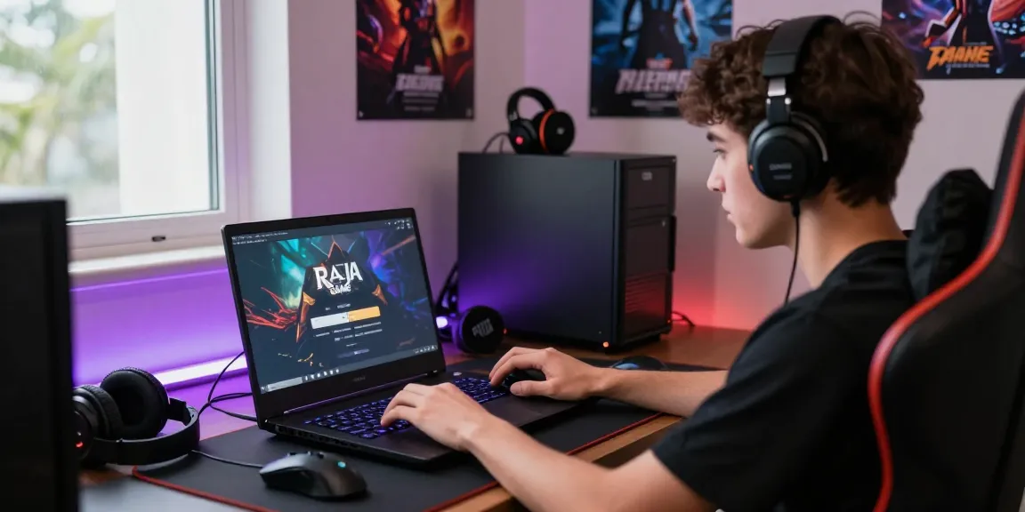 Engaging young adult at a modern gaming setup using Raja Game login on laptop amidst vibrant lighting and gaming accessories.