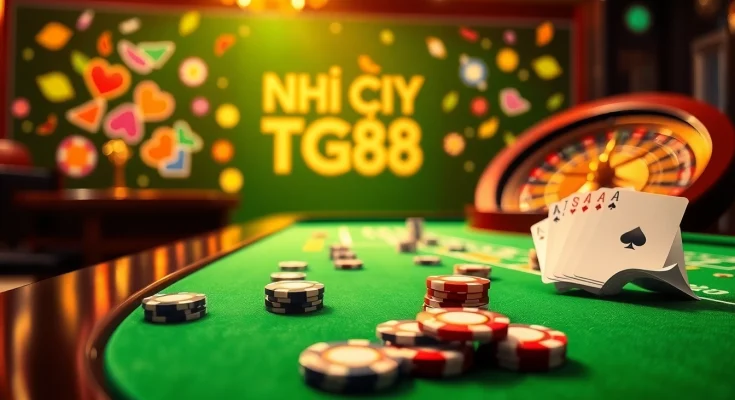 Engaging casino scene depicting NHÀ CÁI TG88 with poker chips and betting interface.