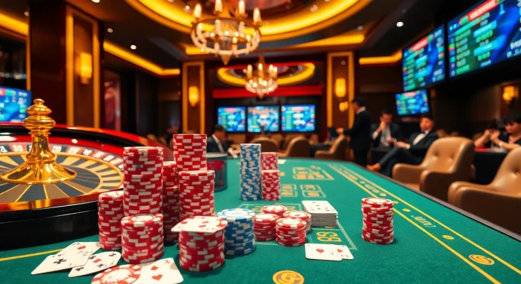 Bongdalu-themed casino scene with vibrant poker chips, roulette wheel, and elegant gamblers.