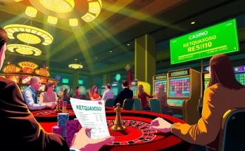 Experience the thrill of Ketquaxoso at a bustling casino with players winning at tables and machines.