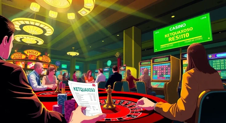 Experience the thrill of Ketquaxoso at a bustling casino with players winning at tables and machines.