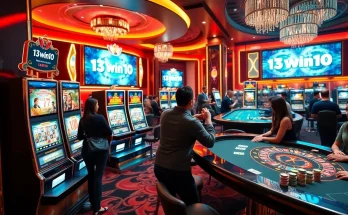 Players enjoying 13win10 at a lively casino table with vibrant poker chips and cards.