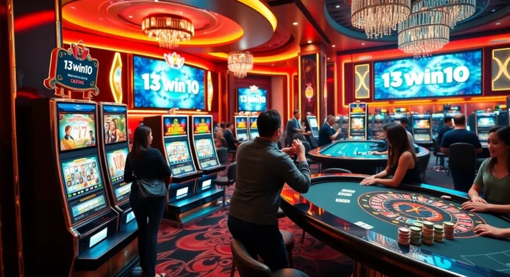 Players enjoying 13win10 at a lively casino table with vibrant poker chips and cards.