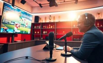 Announcer in a modern studio engaging in sports broadcasting with digital screens and memorabilia.