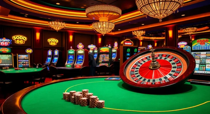 Experience the thrill of SODO 66 with players at a live dealer casino table, vibrant slot machines in view.