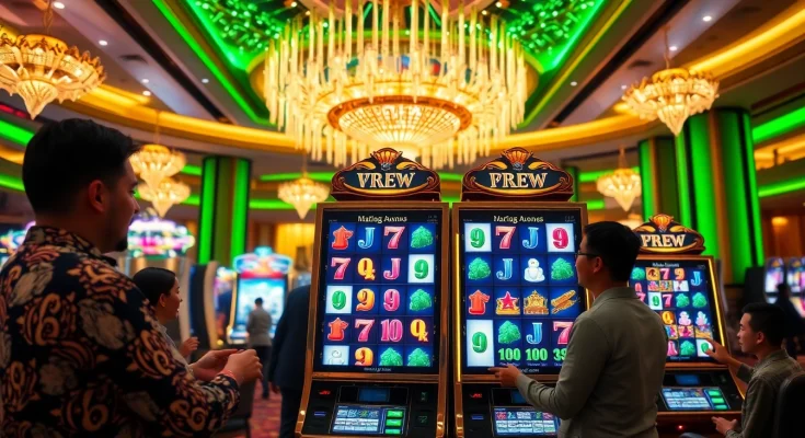 Exciting gameplay at a slot mahjong machine in a vibrant casino atmosphere.