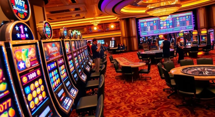 Players enjoying exciting slot games in a luxurious casino atmosphere filled with vibrant slot machines.