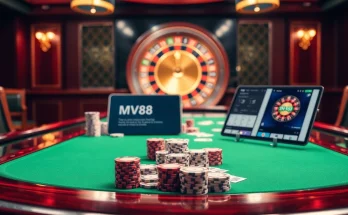 Experience the excitement of mv88 gaming at a luxurious poker table with vibrant details and a roulette wheel in view.