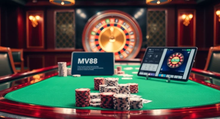 Experience the excitement of mv88 gaming at a luxurious poker table with vibrant details and a roulette wheel in view.