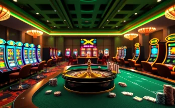 Engaging online gambling scene showcasing Nhà Cái XIN88 with a roulette table, slot machines, and poker chips.