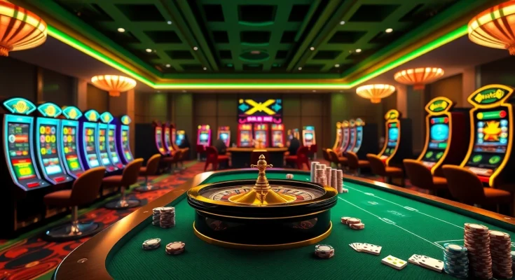 Engaging online gambling scene showcasing Nhà Cái XIN88 with a roulette table, slot machines, and poker chips.