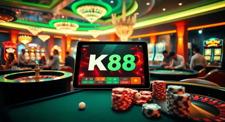 K88win gaming interface showcasing vibrant online casino action with tables, chips, and exciting players.