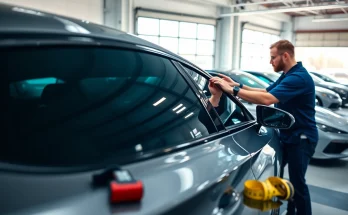 Enhance your experience with window tint near me, featuring a technician skillfully applying film to a car.