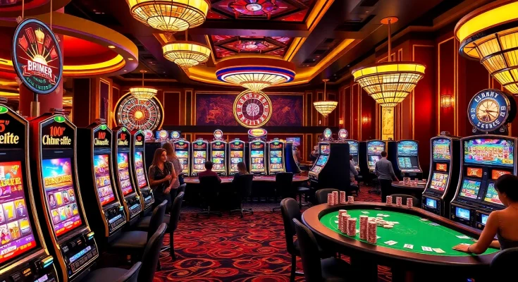 Players engaging with vibrant slot machines in a luxurious casino environment for an exciting gaming experience.