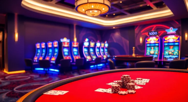 SODO casino scene with poker table, vibrant slot machines, and roulette wheel showcasing excitement.