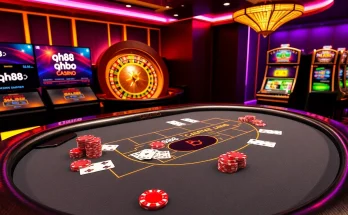 Engaging scene of qh88 online casino with vibrant gaming tables and flashing slot machines.