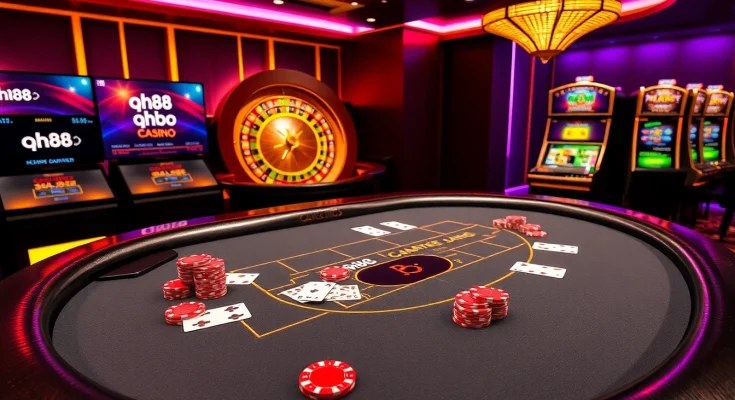 Engaging scene of qh88 online casino with vibrant gaming tables and flashing slot machines.