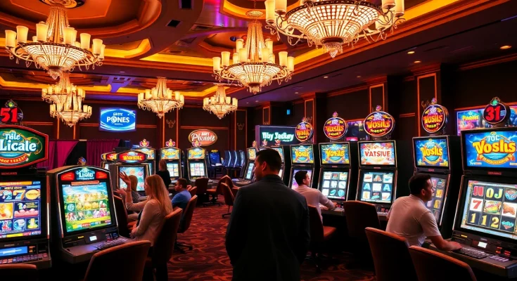 Experience thrilling slot demo gameplay in a luxurious casino setting, showcasing vibrant machines and excited players.