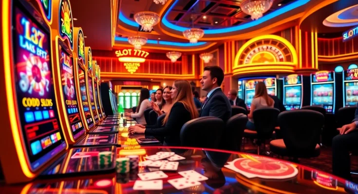 Gameplay excitement at Slot777 casino with vibrant slot machines and players.