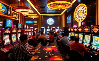 Exciting scene at a situs gacor casino with players enjoying slot machines and winning big.