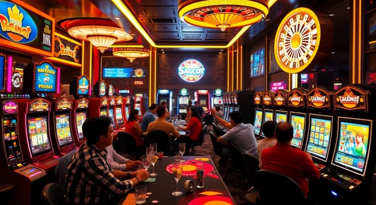Exciting scene at a situs gacor casino with players enjoying slot machines and winning big.