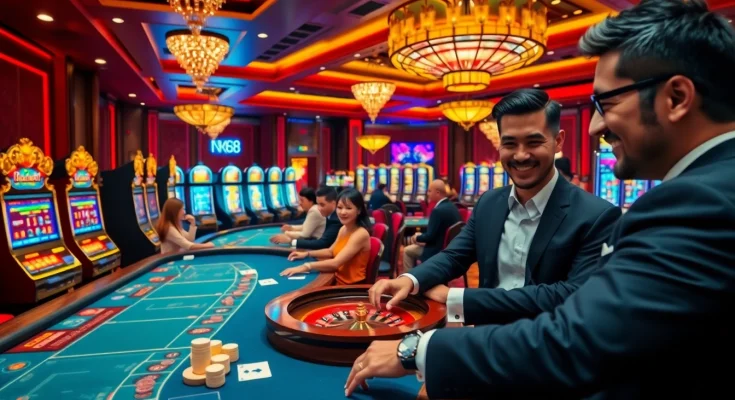 NK88 casino scene with players excitedly betting at tables and colorful slot machines.