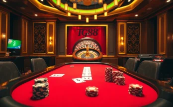 Win big at tg88 in a luxurious casino setting with poker chips, cards, and roulette.
