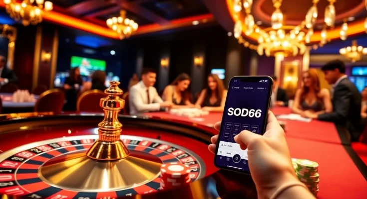 SODO66 app showcased in an exciting casino setting with poker chips and roulette wheels.
